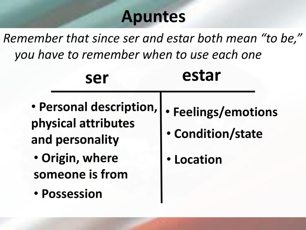 Apuntes Remember that since ser and estar both mean to be, you have to remember when to use each one.
