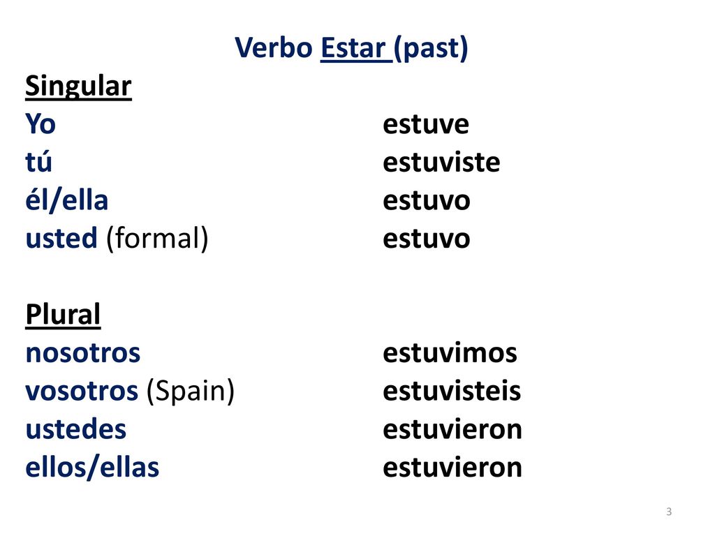 Verbo Estar (past) Singular. Yo estuve. tú estuviste. él/ella estuvo. usted (formal) estuvo.