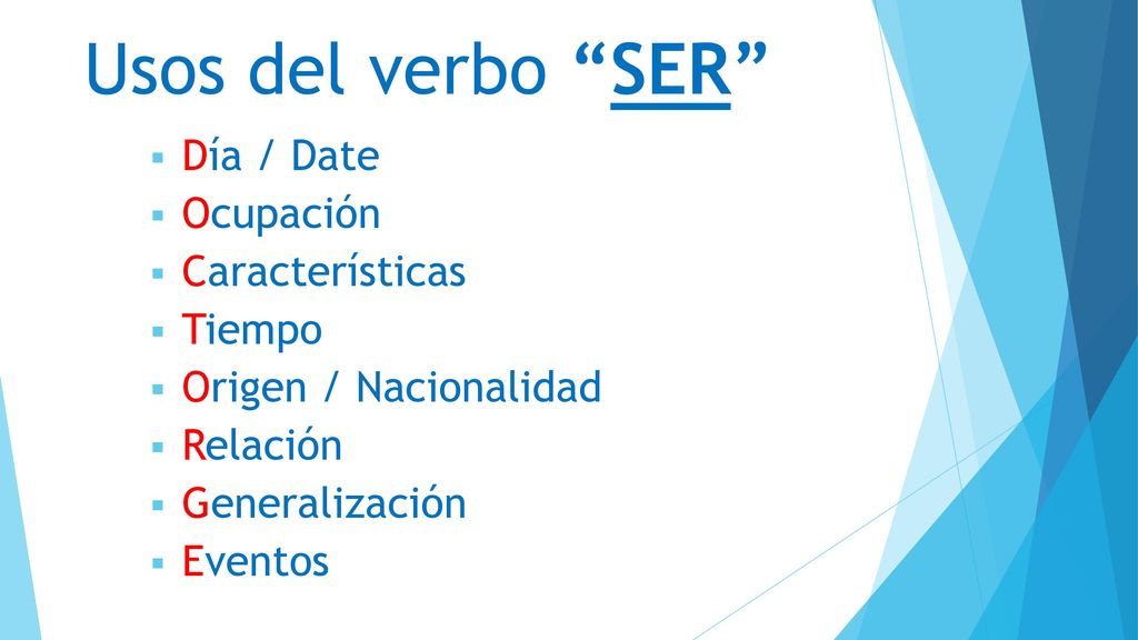 Usos del verbo SER Día / Date Ocupación Características Tiempo