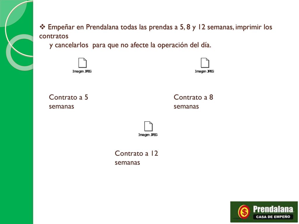 Empeñar en Prendalana todas las prendas a 5, 8 y 12 semanas, imprimir los contratos y cancelarlos para que no afecte la operación del día.