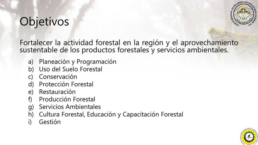 Objetivos Fortalecer la actividad forestal en la región y el aprovechamiento sustentable de los productos forestales y servicios ambientales.