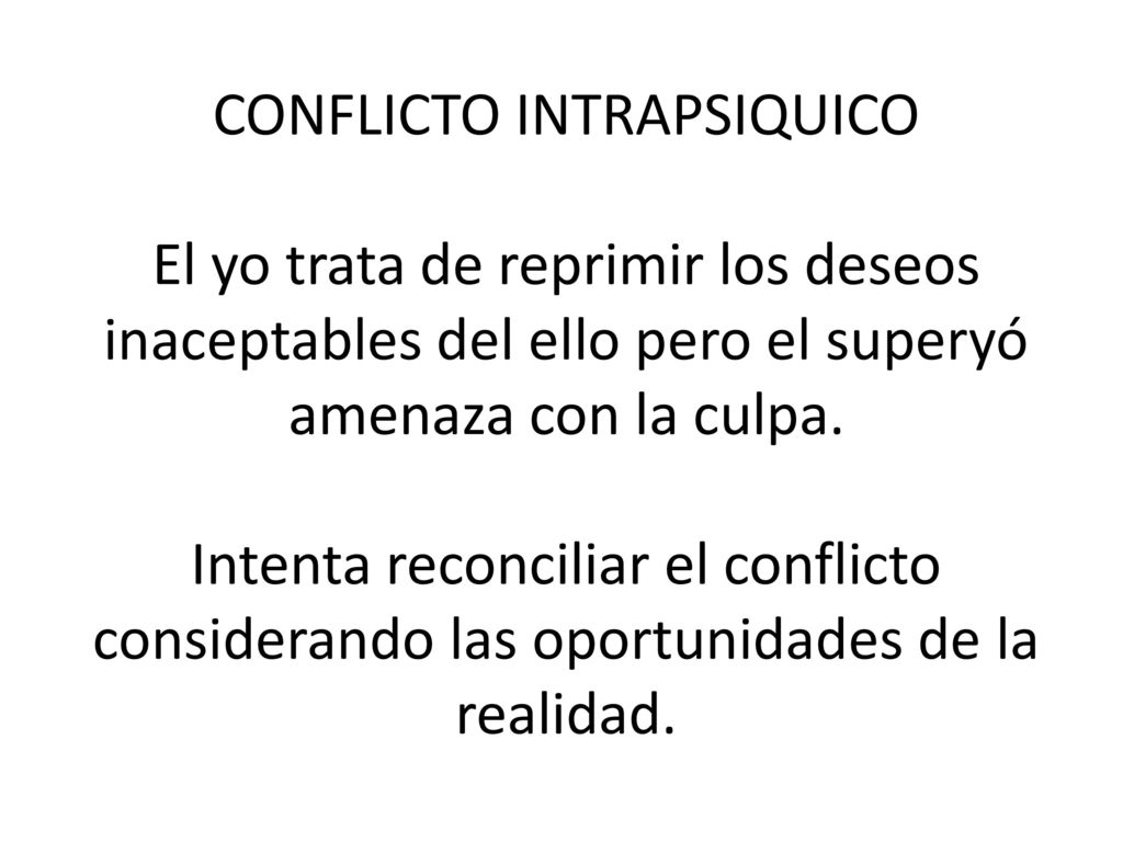 CONFLICTO INTRAPSIQUICO El yo trata de reprimir los deseos inaceptables del ello pero el superyó amenaza con la culpa.