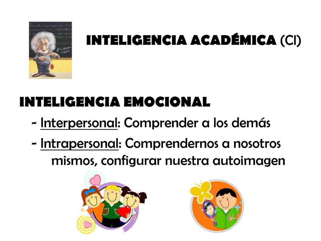 INTELIGENCIA ACADÉMICA (CI) INTELIGENCIA EMOCIONAL - Interpersonal: Comprender a los demás - Intrapersonal: Comprendernos a nosotros mismos, configurar nuestra autoimagen