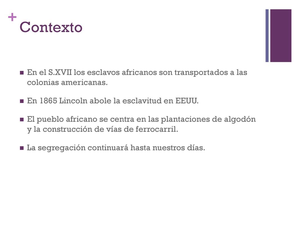 Contexto En el S.XVII los esclavos africanos son transportados a las colonias americanas. En 1865 Lincoln abole la esclavitud en EEUU.