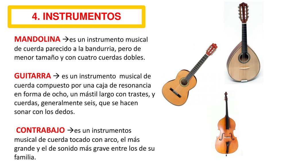 4. INSTRUMENTOS MANDOLINA es un instrumento musical de cuerda parecido a la bandurria, pero de menor tamaño y con cuatro cuerdas dobles.