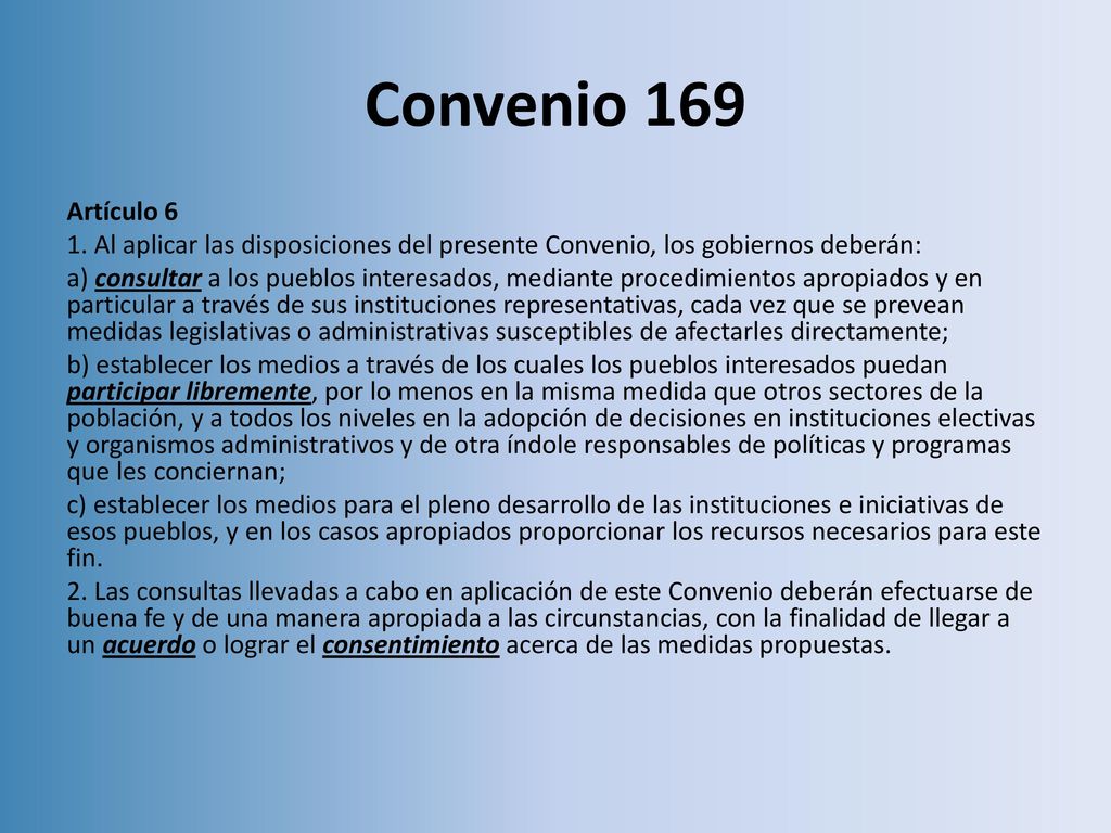 Convenio 169 Artículo Al aplicar las disposiciones del presente Convenio, los gobiernos deberán: