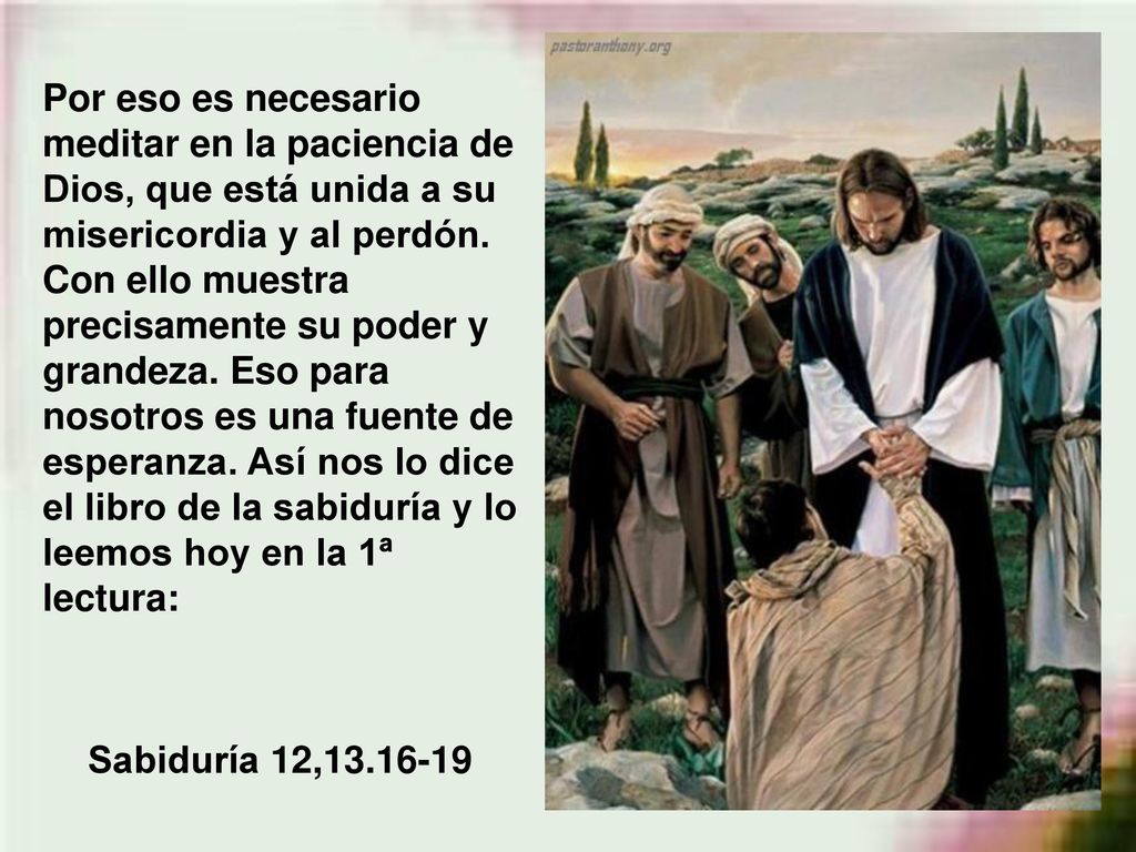 Por eso es necesario meditar en la paciencia de Dios, que está unida a su misericordia y al perdón. Con ello muestra precisamente su poder y grandeza. Eso para nosotros es una fuente de esperanza. Así nos lo dice el libro de la sabiduría y lo leemos hoy en la 1ª lectura: