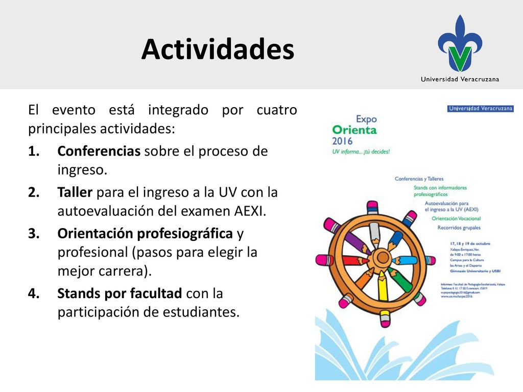 Actividades El evento está integrado por cuatro principales actividades: Conferencias sobre el proceso de ingreso.