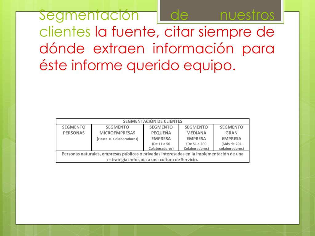 Segmentación de nuestros clientes la fuente, citar siempre de dónde extraen información para éste informe querido equipo.