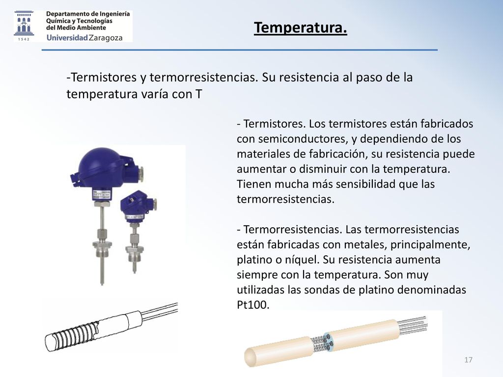 Temperatura. Termistores y termorresistencias. Su resistencia al paso de la temperatura varía con T.