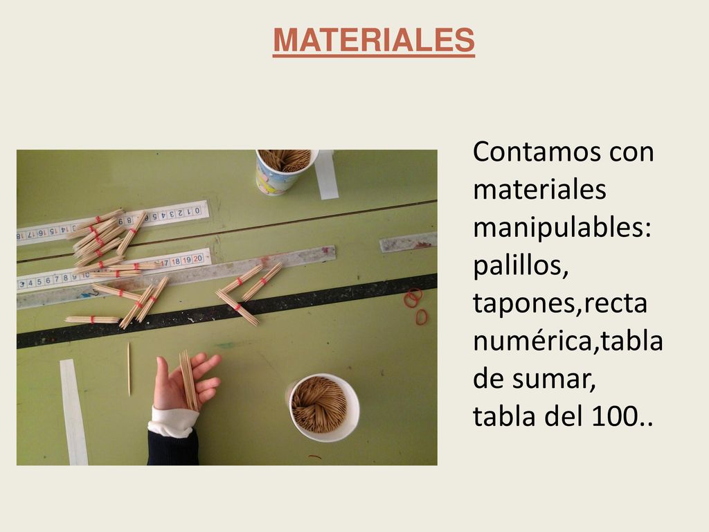 MATERIALES Contamos con materiales manipulables: palillos, tapones,recta numérica,tabla de sumar, tabla del