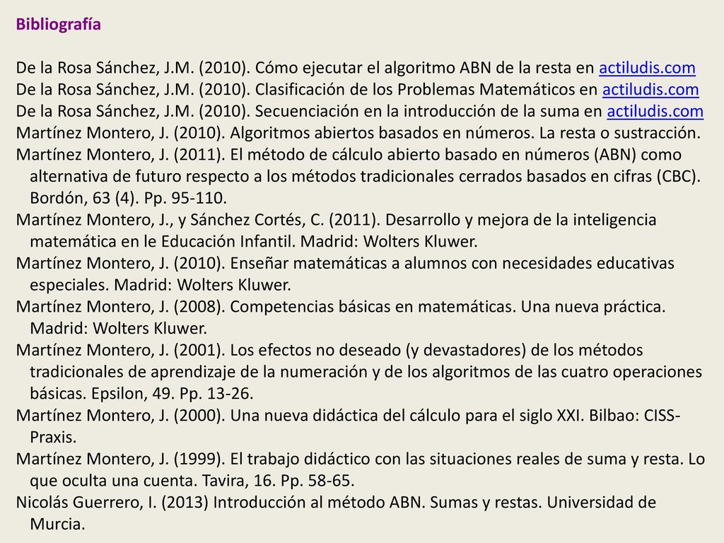 Bibliografía De la Rosa Sánchez, J.M. (2010). Cómo ejecutar el algoritmo ABN de la resta en actiludis.com.
