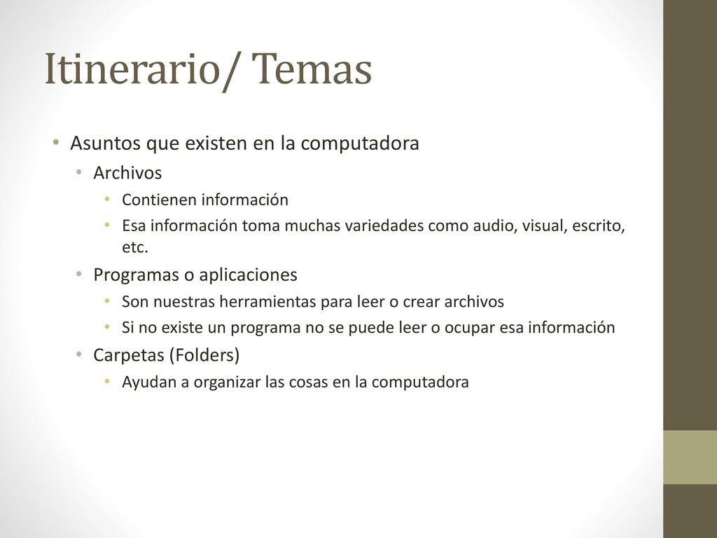 Itinerario/ Temas Asuntos que existen en la computadora Archivos