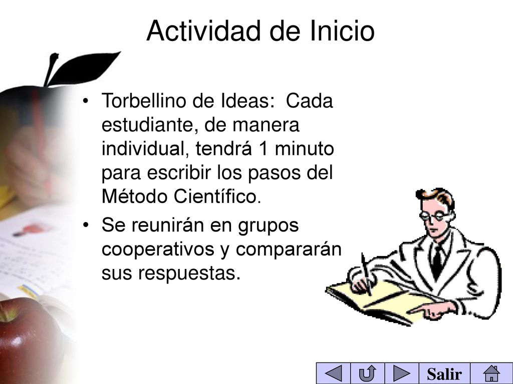 Actividad de Inicio Torbellino de Ideas: Cada estudiante, de manera individual, tendrá 1 minuto para escribir los pasos del Método Científico.