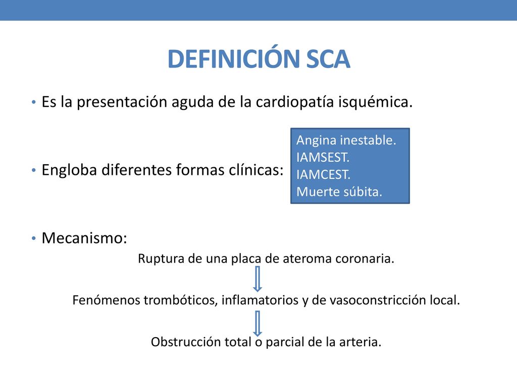 DEFINICIÓN SCA Es la presentación aguda de la cardiopatía isquémica.