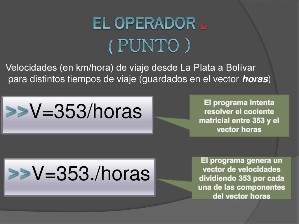 >>V=353/horas >>V=353./horas El OPERADOR . ( punto )