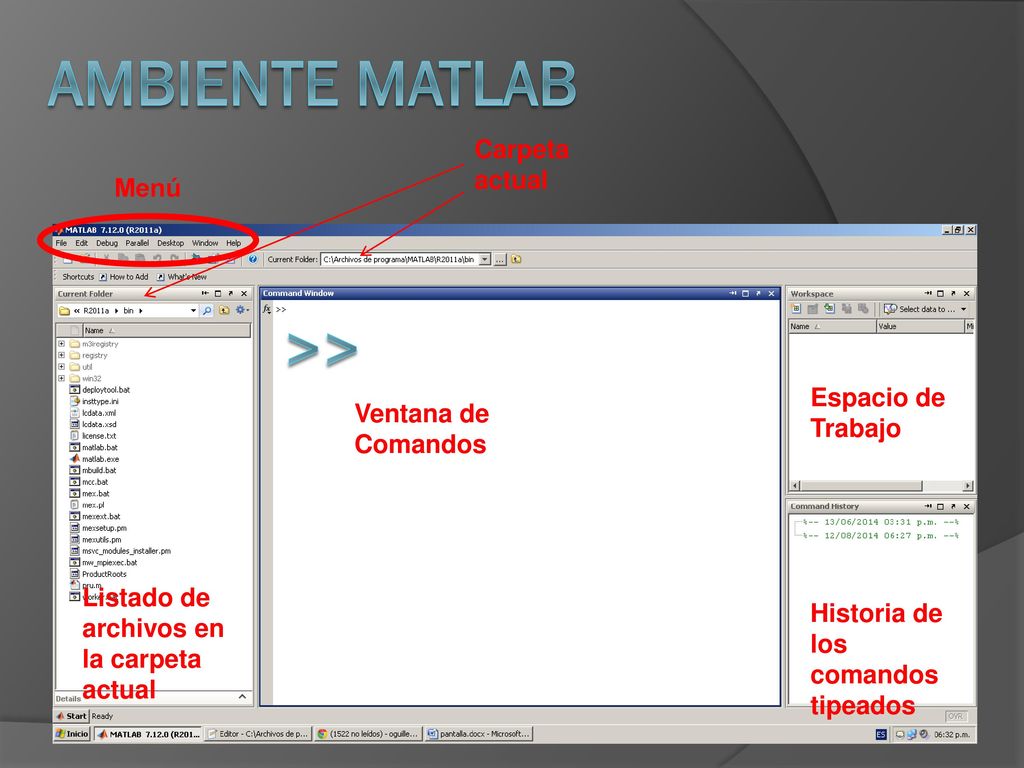 AMBIENTE MATLAB >> Carpeta actual Menú MB Espacio de Trabajo