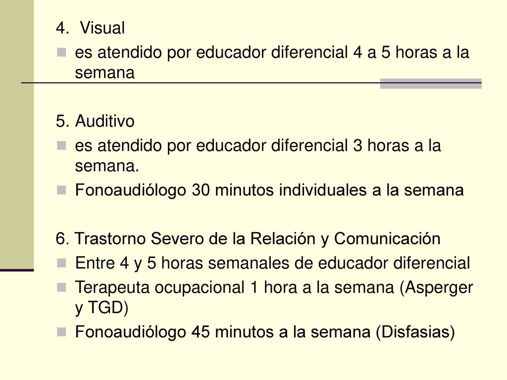 4. Visual es atendido por educador diferencial 4 a 5 horas a la semana. 5. Auditivo. es atendido por educador diferencial 3 horas a la semana.