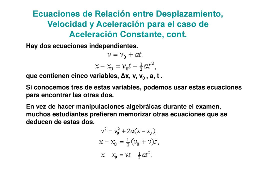 Ecuaciones de Relación entre Desplazamiento, Velocidad y Aceleración para el caso de Aceleración Constante, cont.