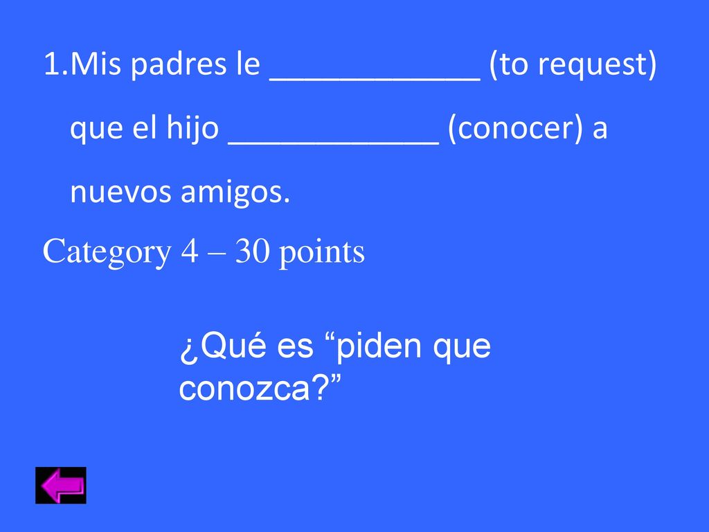 Mis padres le ____________ (to request) que el hijo ____________ (conocer) a nuevos amigos.