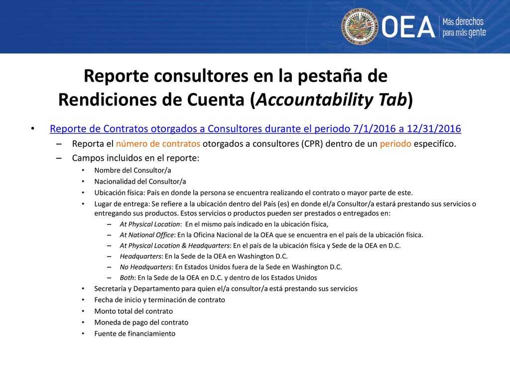 Reporte consultores en la pestaña de Rendiciones de Cuenta (Accountability Tab)