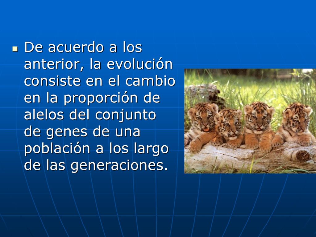 De acuerdo a los anterior, la evolución consiste en el cambio en la proporción de alelos del conjunto de genes de una población a los largo de las generaciones.