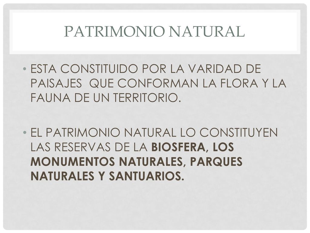 PATRIMONIO NATURAL ESTA CONSTITUIDO POR LA VARIDAD DE PAISAJES QUE CONFORMAN LA FLORA Y LA FAUNA DE UN TERRITORIO.