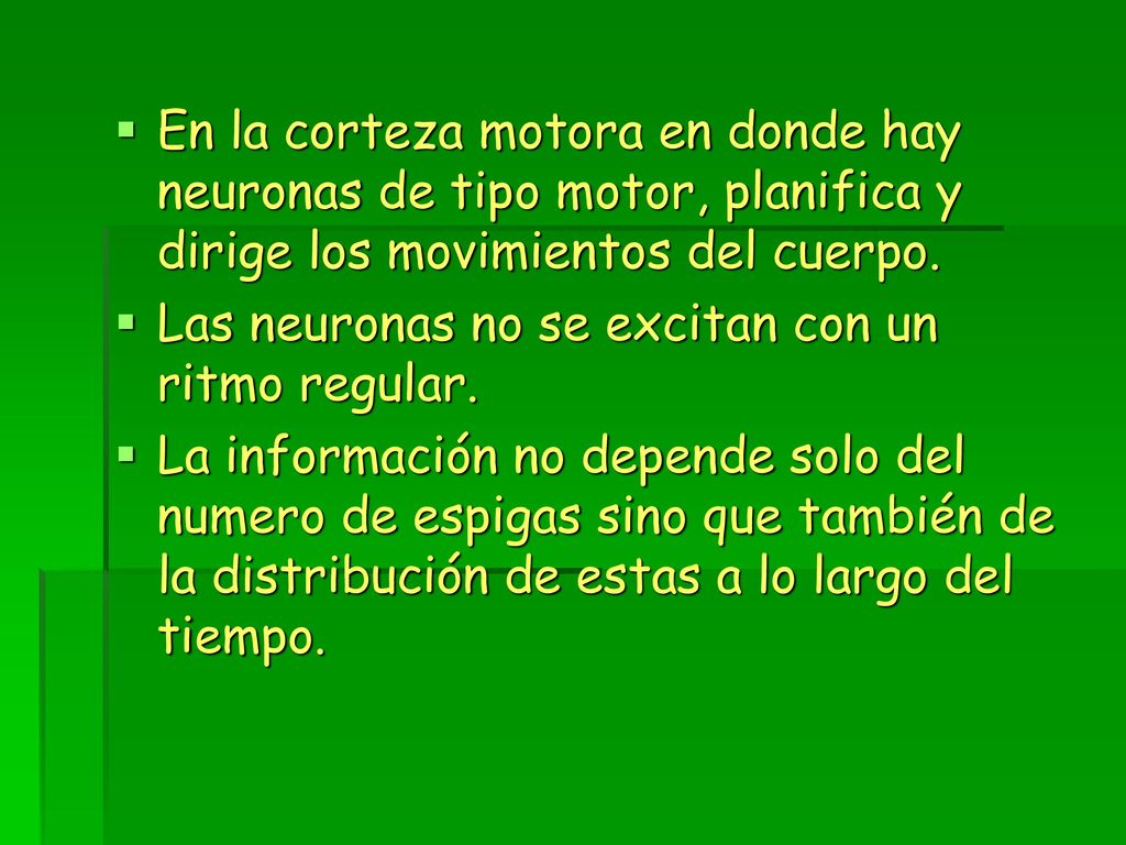 En la corteza motora en donde hay neuronas de tipo motor, planifica y dirige los movimientos del cuerpo.