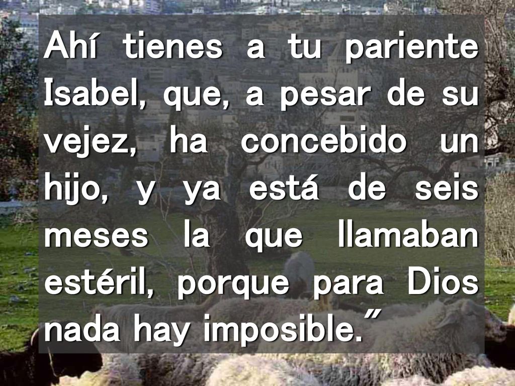 Ahí tienes a tu pariente Isabel, que, a pesar de su vejez, ha concebido un hijo, y ya está de seis meses la que llamaban estéril, porque para Dios nada hay imposible.