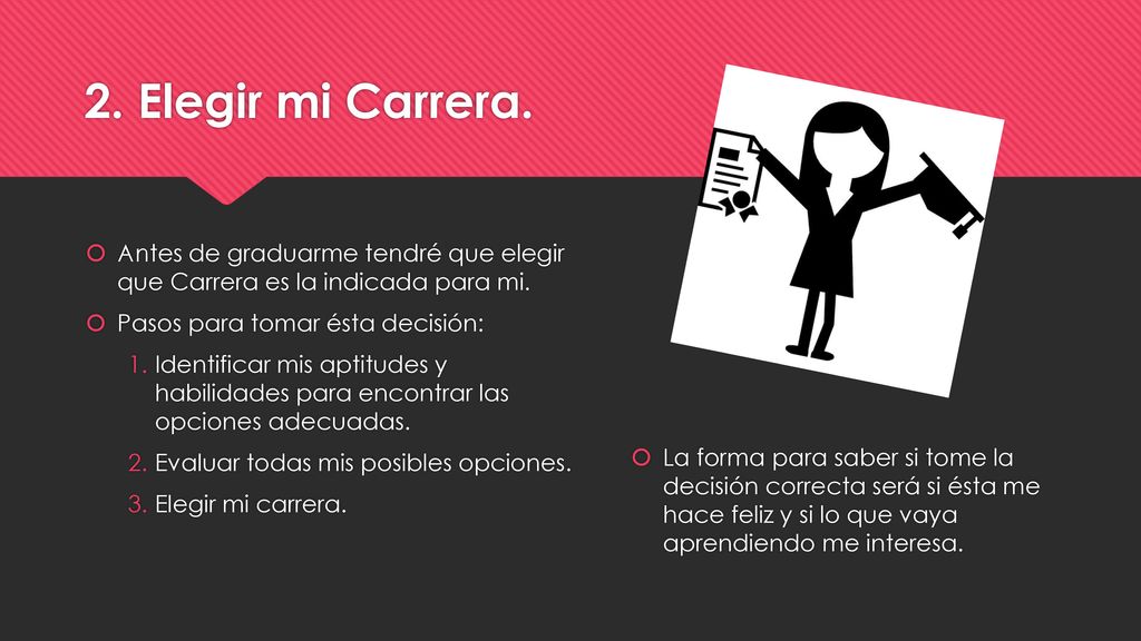 2. Elegir mi Carrera. Antes de graduarme tendré que elegir que Carrera es la indicada para mi. Pasos para tomar ésta decisión:
