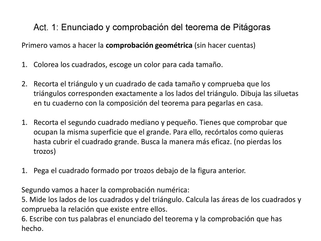 Act. 1: Enunciado y comprobación del teorema de Pitágoras
