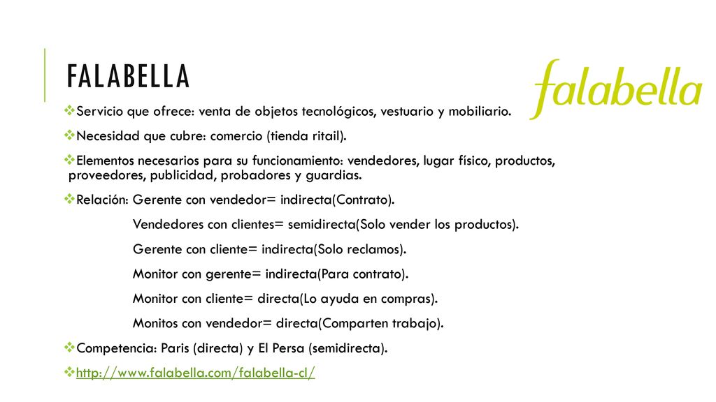 Falabella Servicio que ofrece: venta de objetos tecnológicos, vestuario y mobiliario. Necesidad que cubre: comercio (tienda ritail).