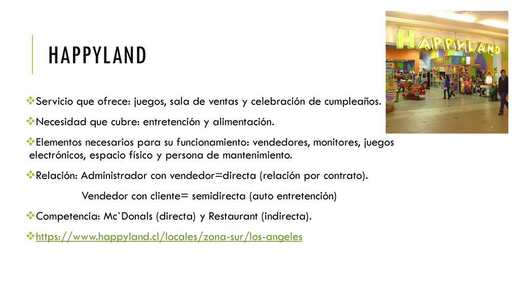 Happyland Servicio que ofrece: juegos, sala de ventas y celebración de cumpleaños. Necesidad que cubre: entretención y alimentación.