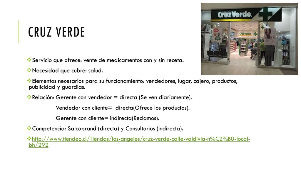 Cruz verde Servicio que ofrece: vente de medicamentos con y sin receta. Necesidad que cubre: salud.