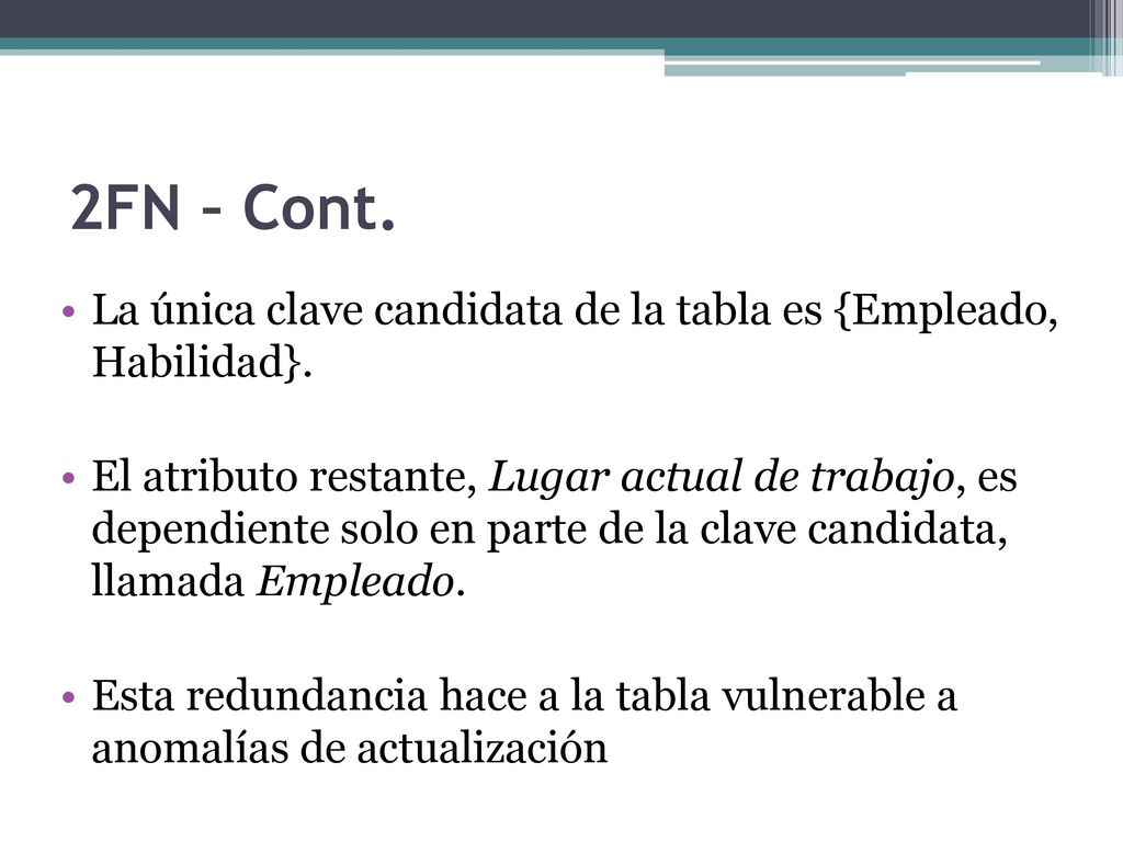 2FN – Cont. La única clave candidata de la tabla es {Empleado, Habilidad}.
