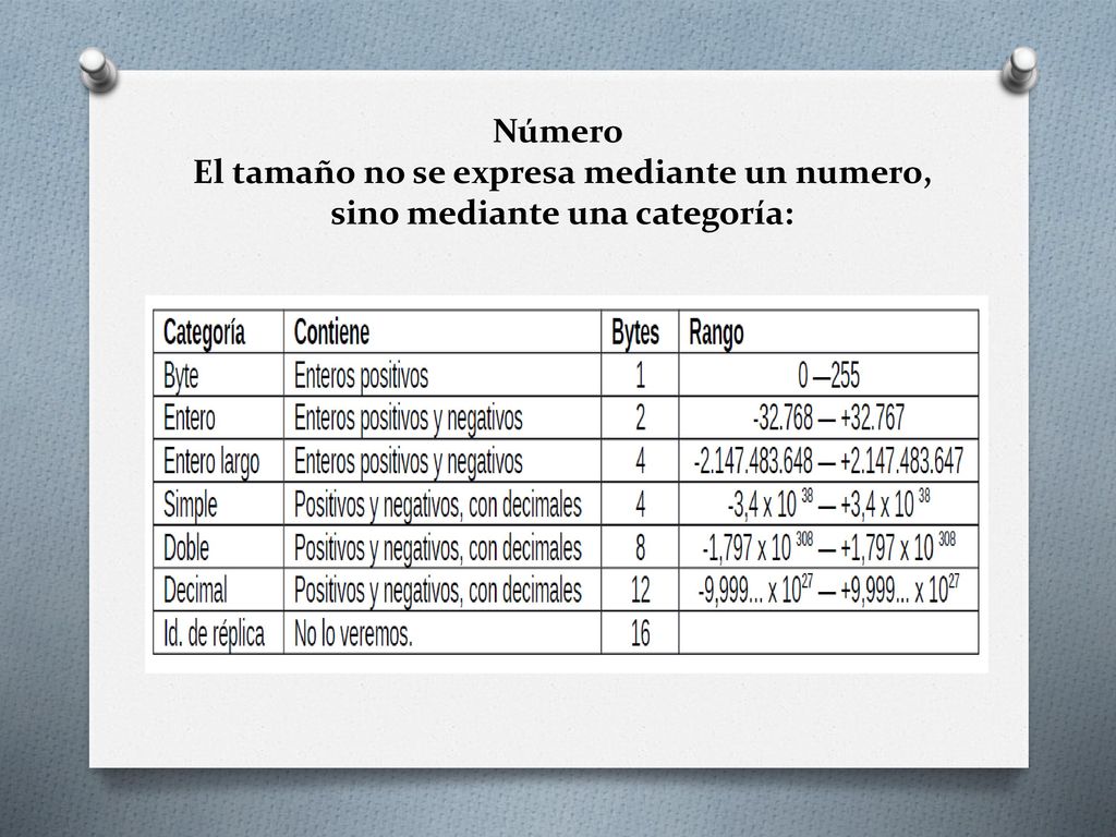 Número El tamaño no se expresa mediante un numero, sino mediante una categoría: