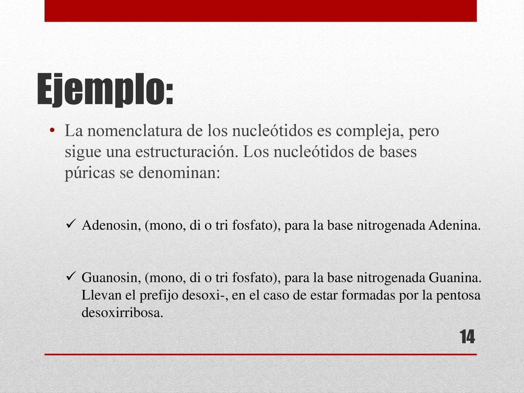 Ejemplo: La nomenclatura de los nucleótidos es compleja, pero sigue una estructuración. Los nucleótidos de bases púricas se denominan: