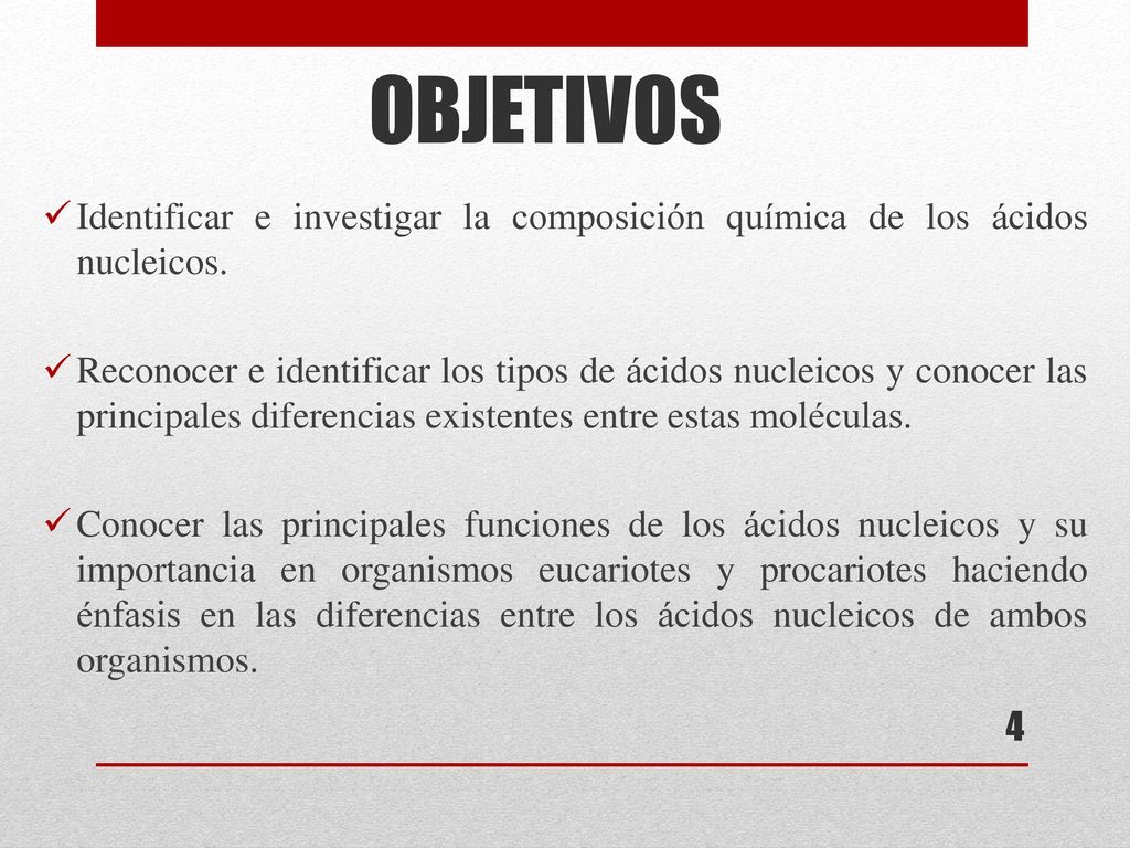 OBJETIVOS Identificar e investigar la composición química de los ácidos nucleicos.