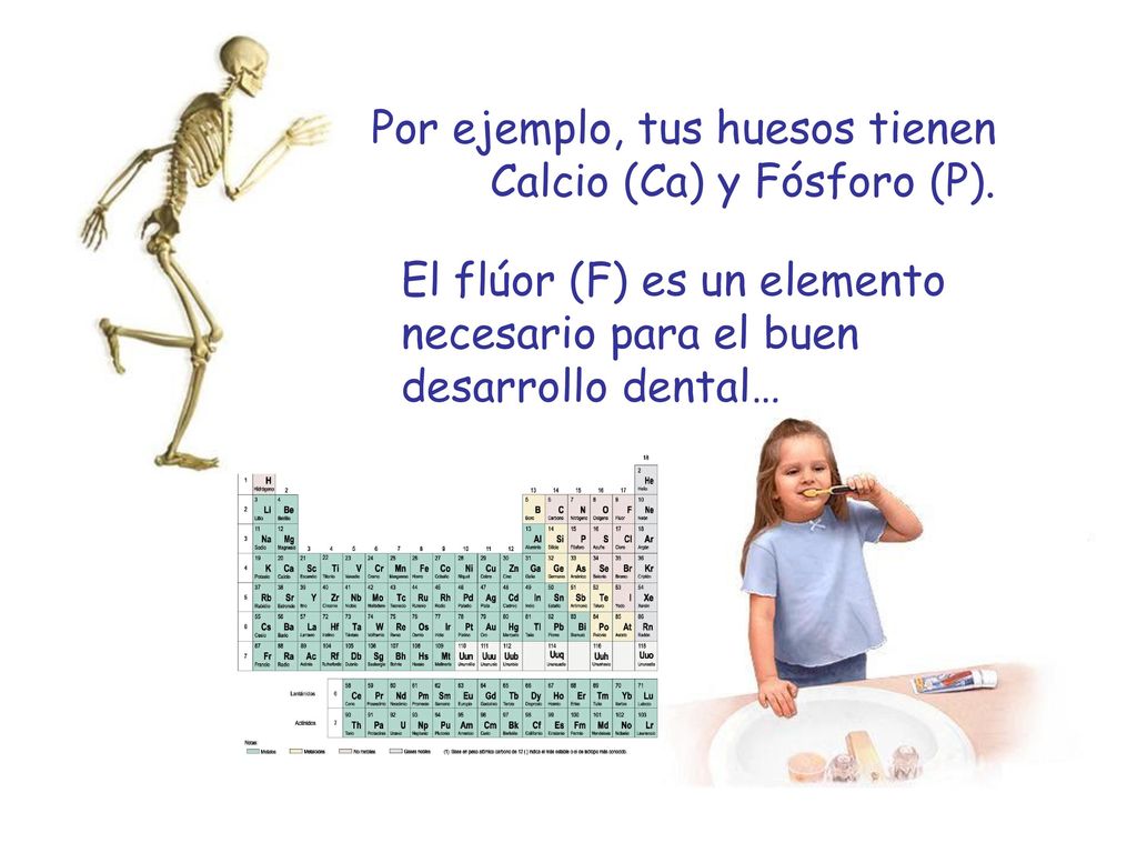 Por ejemplo, tus huesos tienen Calcio (Ca) y Fósforo (P).