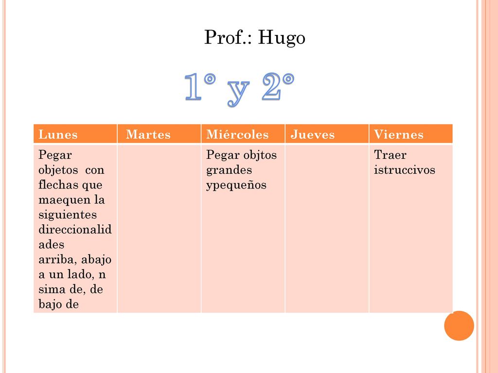 1° y 2° Prof.: Hugo Lunes Martes Miércoles Jueves Viernes