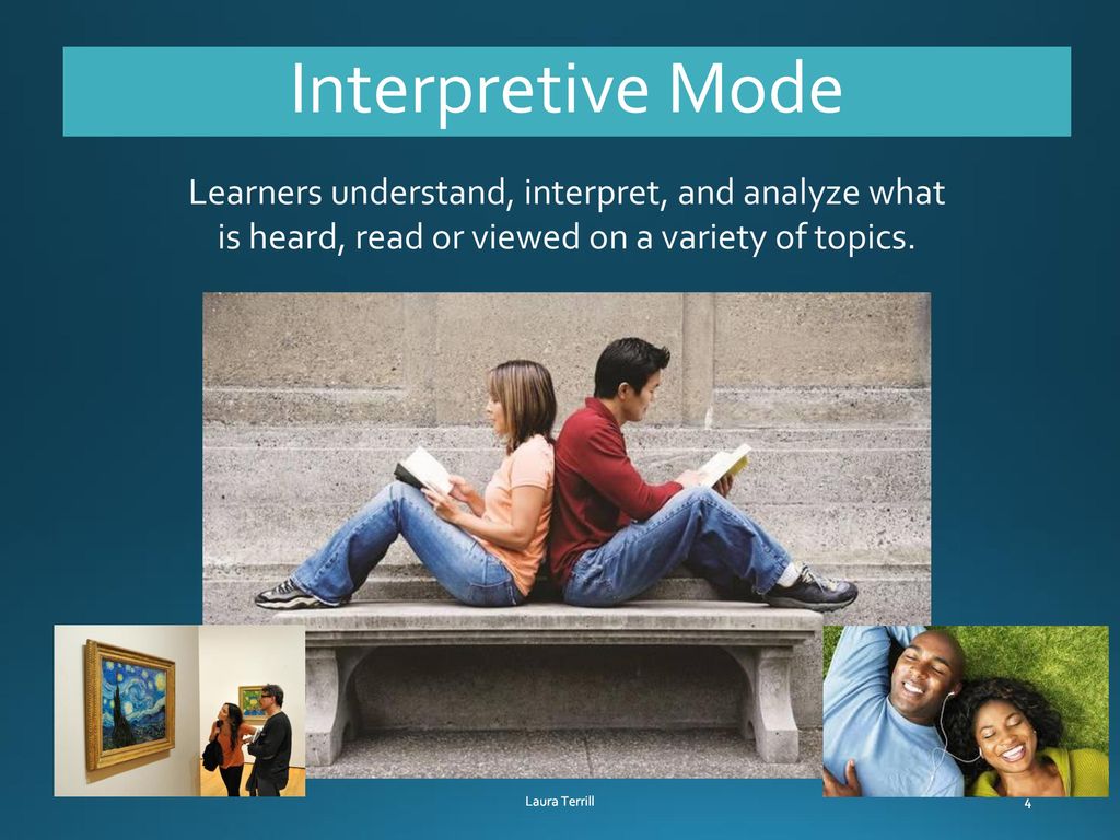 Interpretive Mode Learners understand, interpret, and analyze what is heard, read or viewed on a variety of topics.