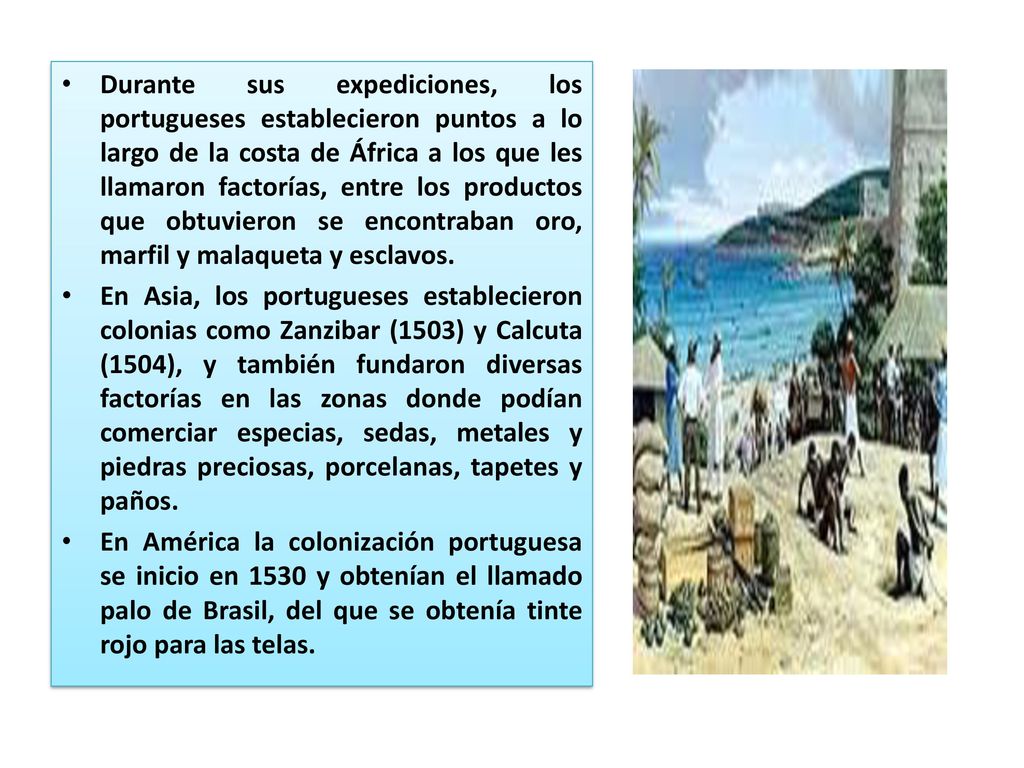Durante sus expediciones, los portugueses establecieron puntos a lo largo de la costa de África a los que les llamaron factorías, entre los productos que obtuvieron se encontraban oro, marfil y malaqueta y esclavos.