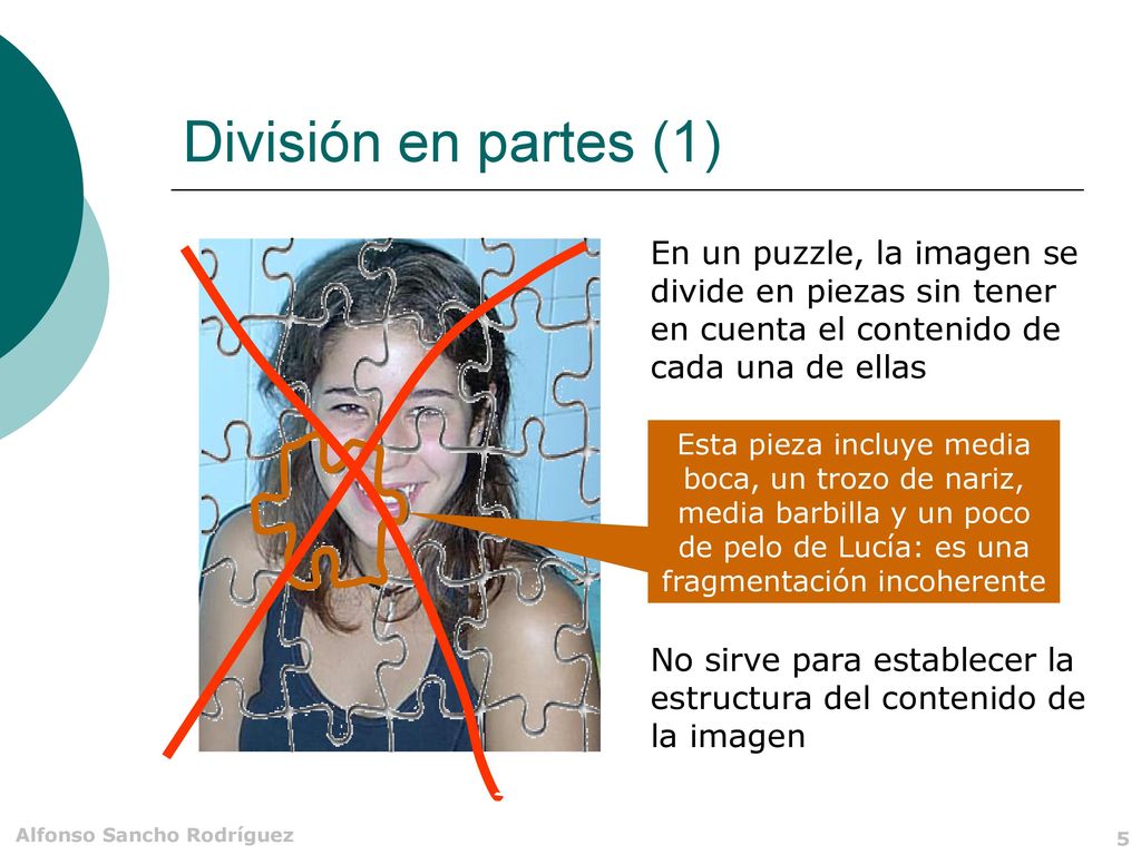 División en partes (1) En un puzzle, la imagen se divide en piezas sin tener en cuenta el contenido de cada una de ellas.