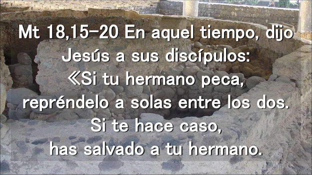 Mt 18,15-20 En aquel tiempo, dijo Jesús a sus discípulos: «Si tu hermano peca, repréndelo a solas entre los dos.