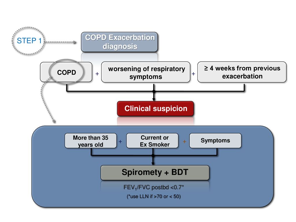 Spiromety + BDT COPD Exacerbation diagnosis STEP 1 Clinical suspicion