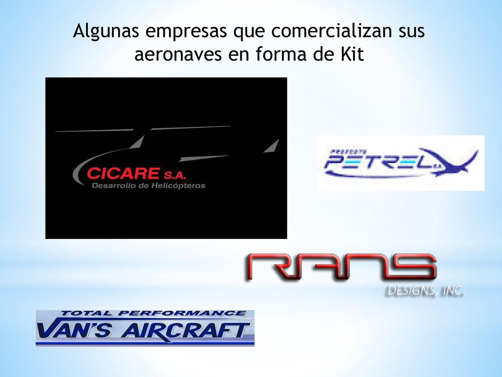 Algunas empresas que comercializan sus aeronaves en forma de Kit