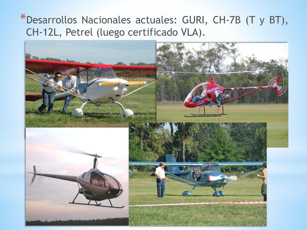 Desarrollos Nacionales actuales: GURI, CH-7B (T y BT), CH-12L, Petrel (luego certificado VLA).