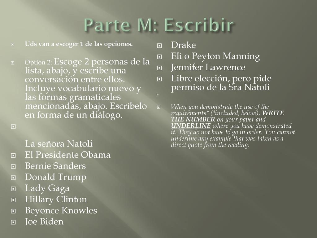 Parte M: Escribir Drake Eli o Peyton Manning Jennifer Lawrence
