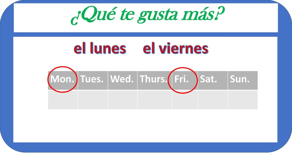 ¿Qué te gusta más el lunes el viernes Mon. Tues. Wed. Thurs. Fri.