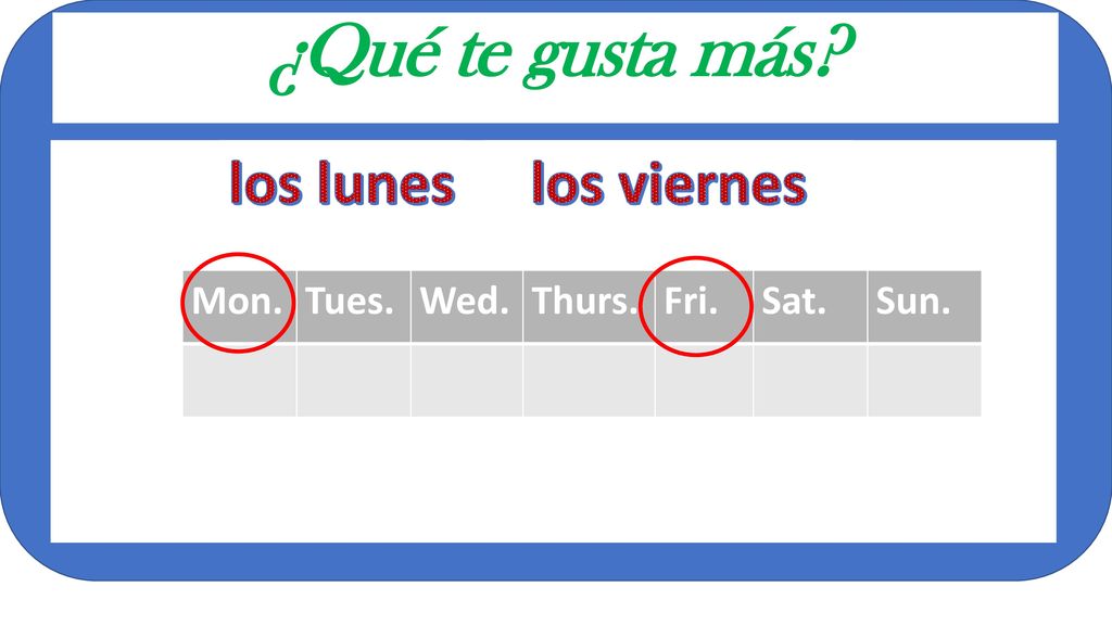 ¿Qué te gusta más los lunes los viernes Mon. Tues. Wed. Thurs. Fri.
